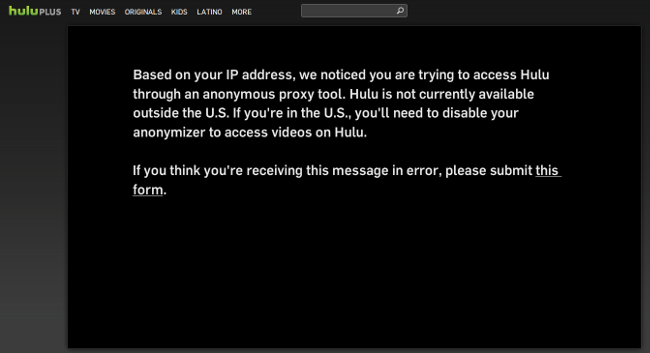 Based on your IP address, we noticed you are trying to access Hulu through an anonymous proxy tool.