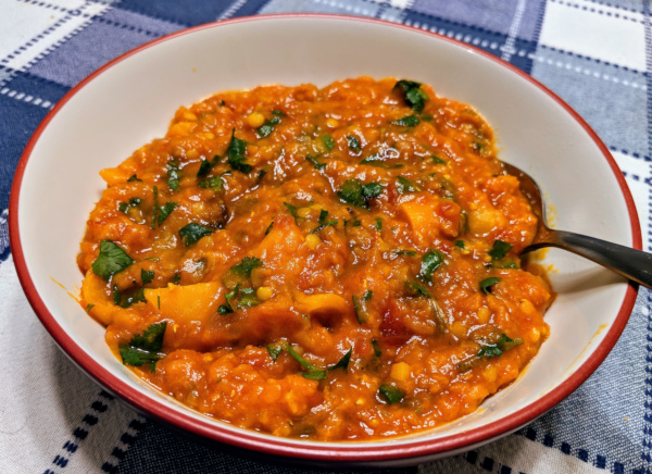 Red Lentil Curry in a bowl with rice